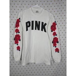 Victorias Secret PINK Long Sleeve FLORAL Campus Logo Tee Shirt White XS